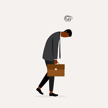 Young Black Man Employee Feeling Fatigue At Work. Full Length, Isolated On Solid Color Background. Vector, Illustration, Flat Design, Character.