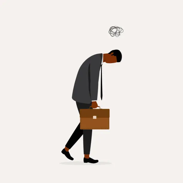 Vector illustration of Black Man Employee Feeling Fatigue At Work. Job Dissatisfaction.