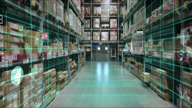 Smart warehouse management system Concept.Futuristic Animation Effect Shows Online Connectivity of Every Unit to the Logistics Center.
