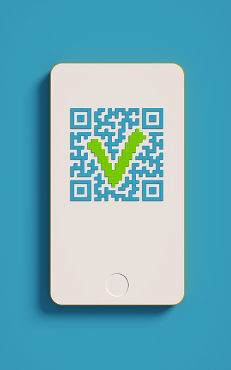 Cashless technology and the concept of digital money. 3d visualization. A mobile smartphone scans a Qr code on a blue background - Approved.