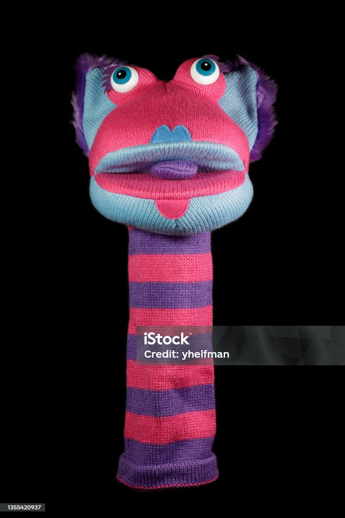 Sock Puppet Isolated Against Black Background Glove Puppet Stock Photo