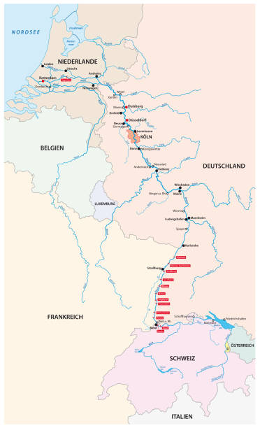 ilustrações de stock, clip art, desenhos animados e ícones de river system map rhine with the most important cities and tributaries in german language - rio reno