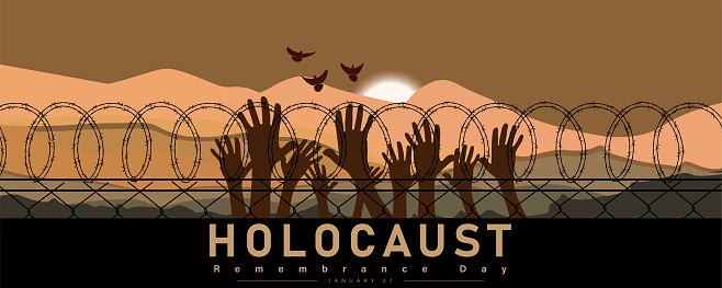 International Holocaust Remembrance Day poster, January 27. World War II Remembrance Day. Concentration Camps. Silhouette refugee hands raising and barbed wire.