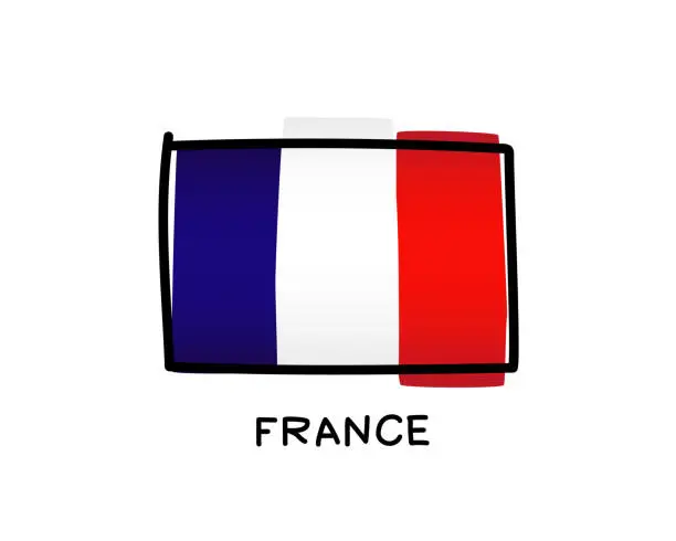 Vector illustration of French flag. Hand-drawn blue, white and red brush strokes. Black outline. Vector illustration
