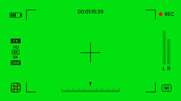Green colored chroma key camera rec frame viewfinder overlay background screen flat style design vector illustration. Green colored chroma key camera rec frame viewfinder overlay background screen flat style design vector illustration. Chroma key VFX screen camera overlay abstract background concept for video footage film camera overlay stock illustrations