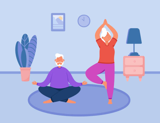 Healthy yoga exercises of elder couple Healthy yoga exercises of elder couple. Happy senior man and woman stretching on mat, doing morning meditation together at home flat vector illustration. Active family lifestyle, sport concept meditation room stock illustrations