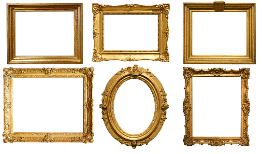 Gold frame for a picture in a classic baroque style on a white blank background. High quality photo