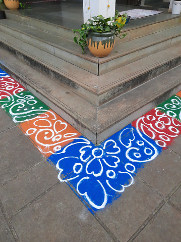 Indian Hindu traditional rangoli during festivals and celebrations on the front of house in Pune state Maharashtra India
