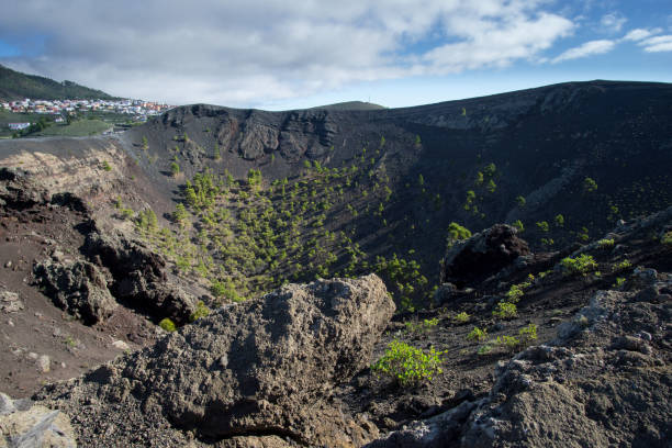 vista sul cratere del vulcano san antonio con pietre nere e alcune piante verdi con cielo blu e nuvole - travel la palma canary islands san antonio foto e immagini stock