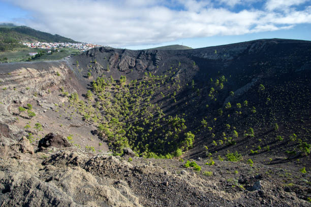 vista sul cratere del vulcano san antonio con pietre nere e alcune piante verdi con cielo blu e nuvole - travel la palma canary islands san antonio foto e immagini stock