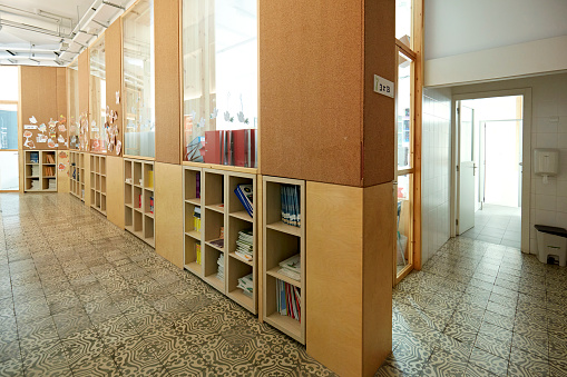 Daytime view of corridors, cubbyhole container space, and linoleum tile flooring in education building.