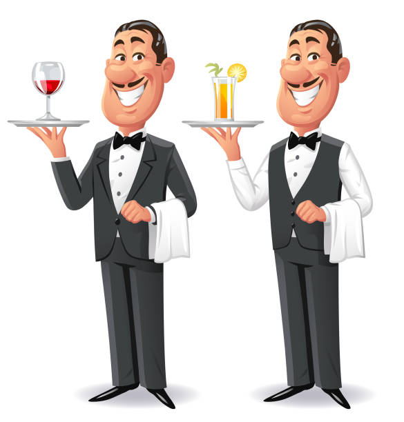 Cheerful Waiter Serving Drinks Vector illustration of a smiling waiter or butler in a tuxedo carrying a tray with drinks, isolated on white. butler stock illustrations