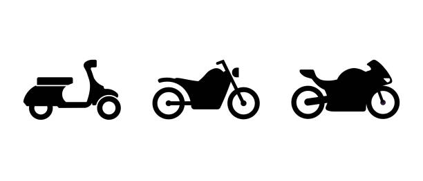 ilustrações, clipart, desenhos animados e ícones de ícones vetoriais da motocicleta scooter definidos. símbolo de ciclomotor, scooter e motocicleta - motorcycle motocross biker moped