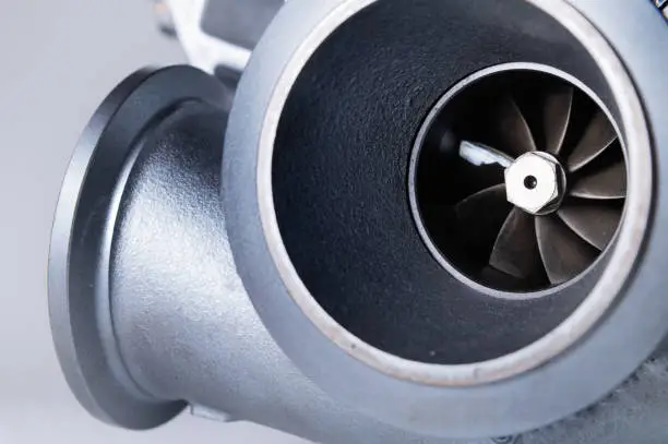 New turbocharged engine on a gray background. Impeller parts.
