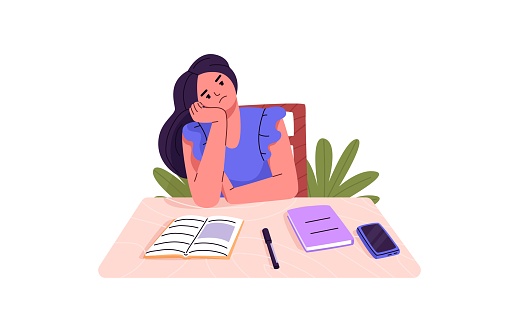 Bored tired student sitting at desk. Sad depressed high school girl feeling boredom. Unhappy fatigue teen pupil with books and phone on table. Flat vector illustration isolated on white background