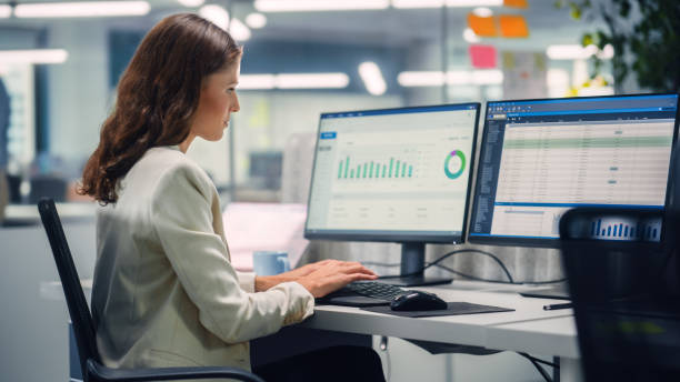 istock Young Confident Businesswoman Using Desktop Computer in Modern Office with Colleagues. Stylish Beautiful Manager Working on Commercial, Financial and Marketing Projects. Specialist in Diverse Team. 1355441102