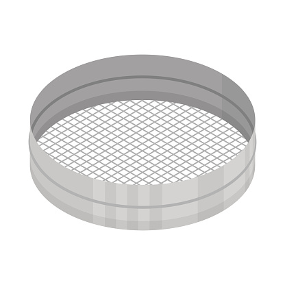 Confectioner sieve icon. Metallic iron sieve flour sifting, isolated on white background. Metal flour sifter. Vector illustration