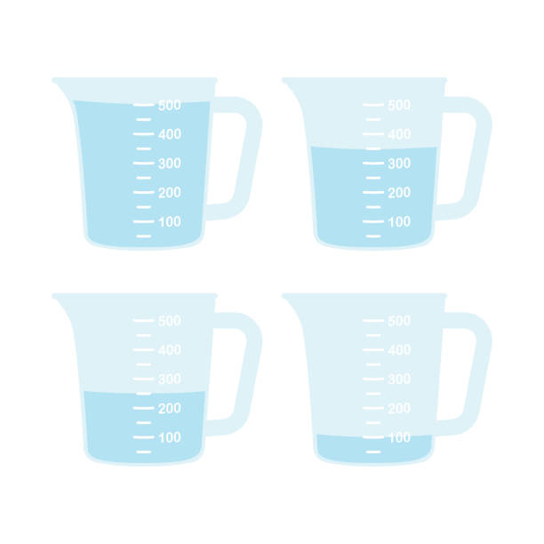 Kitchen measuring cups with various amount of liquid. Kitchen measuring cups with various amount of liquid. Jug with measuring scale. Beaker for chemical experiments in the laboratory. Vector illustration jug stock illustrations