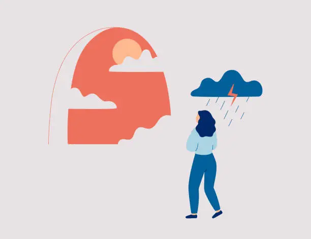 Vector illustration of Woman wants to get rid of depression, fights anxiety and stress. Sad female stands under a rainy cloud and looks at the sunlight.