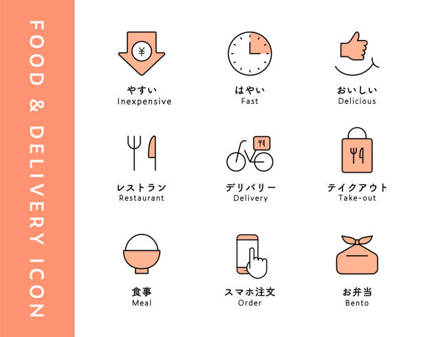A set of icons about food, delivery and restaurants. A set of icons about food, delivery and restaurants.
Intended for use in advertisements, flyers, etc. Japanese words have meaning in the illustration. rice bowl restaurant stock illustrations