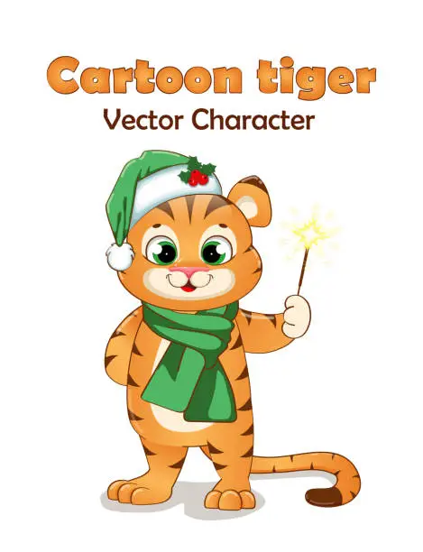 Vector illustration of Cartoon tiger vector character with a sparkler. Christmas theme