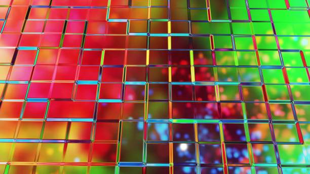 istock 3d render. Liquid square pattern like waves. 3D stylish abstract iridescent bg of wavy surface like brilliant liquid glass with beautiful gradient colors. Trendy colorful fluid 1355445692