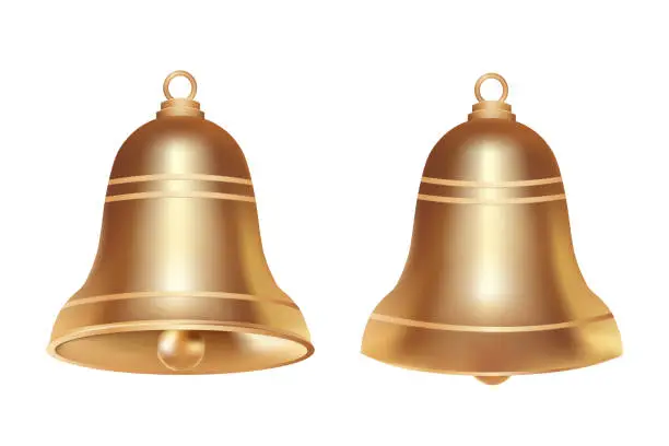 Vector illustration of Two volumetric realistic golden Christmas bell isolated on white background