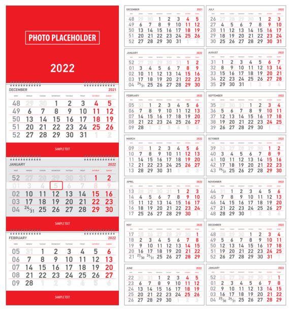 ベクトルイラスト、週番号付きの壁四半期カレンダー2022、月曜日から始まる - 6 11 months点のイラスト素材／クリップアート素材／マンガ素材／アイコン素材