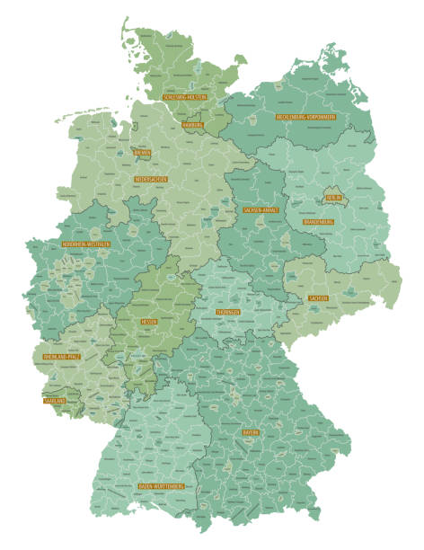 detailed map of federal states of germany with administrative divisions into lands and regions of the country, vector illustration on a white background - 德國 幅插畫檔、美工圖案、卡通及圖標