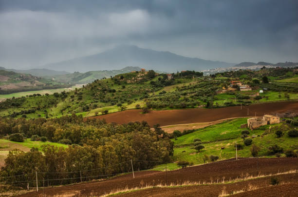 View of Sicilian Hinterland And Volcano Etna on background