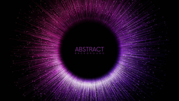 Colorful rays with glowing particles fly out of black hole. Vector illustration Abstract digital background with glowing sparkling particles points and streaks. Technology background concept. Big data abstract background. Vector illustration black hole space stock illustrations