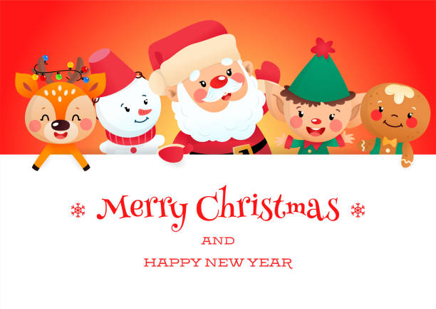 Cute Merry Christmas Card With Cartoon Characters Stock Illustration -  Download Image Now - Art, Blank, Cartoon - iStock