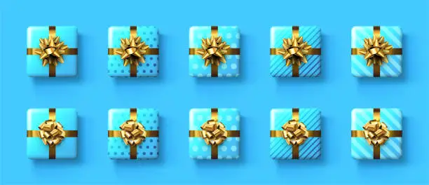 Vector illustration of Set of blue gift boxes with golden bows.