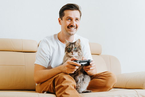 Happy young male gamer player holding wireless gamepad controller playing video game while sitting with cat at home on sofa. Smiling adult caucasian guy and pet enjoying hobby, active leisure.