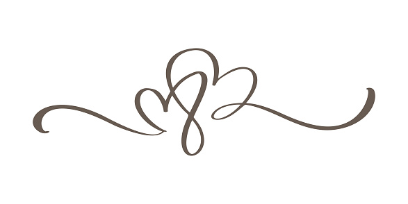 Flourish vintage Vector divider Valentines Day Hand Drawn Black Calligraphic Two Hearts. Calligraphy Holiday illustration. Design element valentine. Icon love decor for web, wedding.