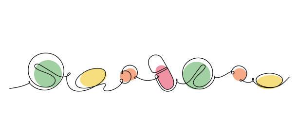 1行は、異なる色の楕円形と丸い錠剤とカプセルのセットを描きます。 - capsule vitamin pill white background healthcare and medicine点のイラスト素材／クリップアート素材／マンガ素材／アイコン素材