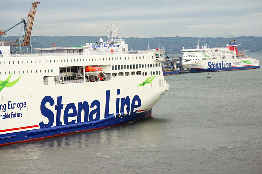 Two Stena Line ferries docked in the Port of Belfast. Routes resume in the latter part of 2021 due to cancellations caused by COVID-19