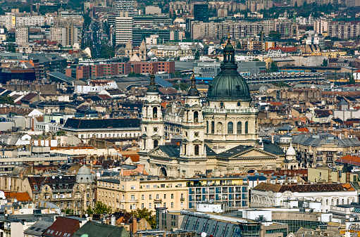 St. Stephen's Basilica in downtown Budapest surrounded by a sea of houses