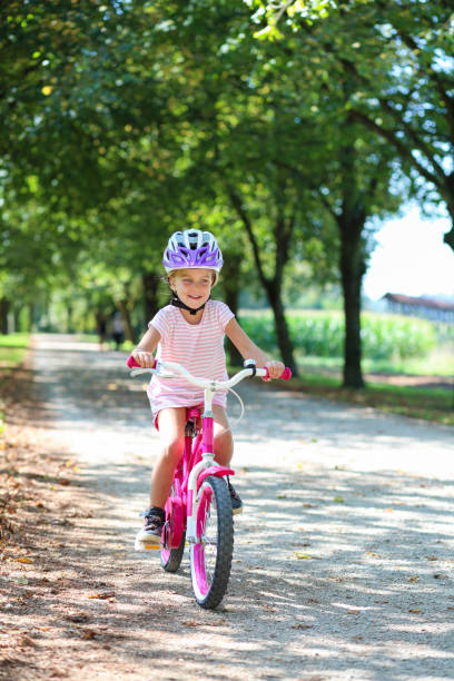 istock Little girl on bicycle in park 1355464310