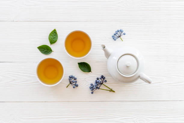 istock Asian tea set with white teapot and two cups, top view 1355465477