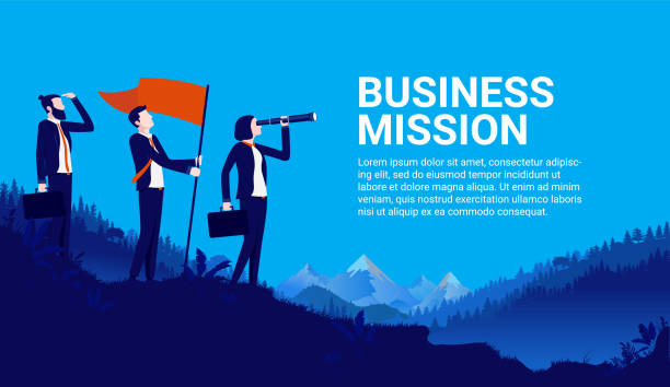 Business mission vector illustration Proud and determined businesspeople standing on hilltop in epic landscape raising flag on searching for success three directions stock illustrations