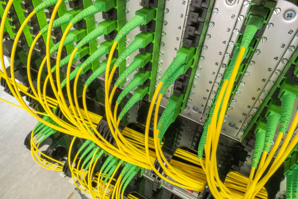 기가비트 광학 네트워크의 광학 패치 코드 케이블이 있는 광학 분배 패널 - cable network server network connection plug green 뉴스 사진 이미지