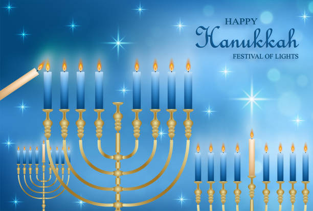 istock Happy Hanukkah card with nice and creative symbols and gold paper cut style on color background for Hanukkah Jewish holiday (translation : happy Hanukkah day, Hag HaHanukka) 1355469969