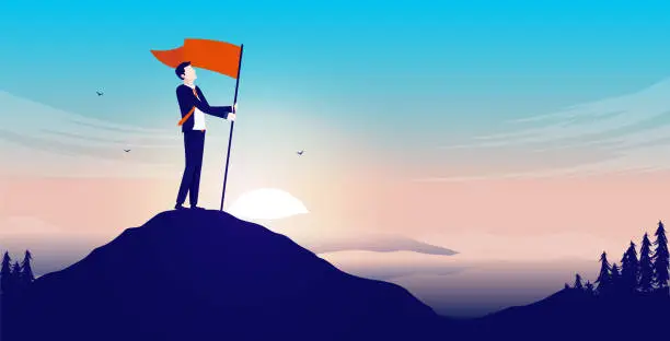 Vector illustration of Businessman with flag on mountaintop