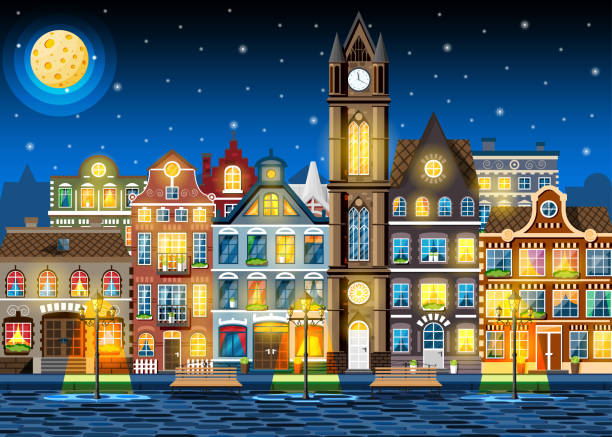 tradycyjne europejskie miasto nocą. - banner backgrounds medieval history stock illustrations