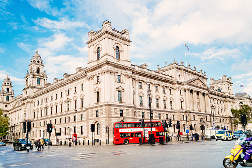 London, United Kingdom - October, 30 2021: View looking north west across Parliament Square towards the Cabinet Office and HM Revenue and Customs buildings in London, UK.