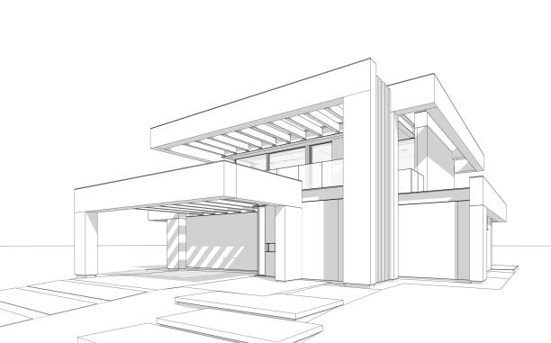 istock 3d rendering of modern house in luxurious style black line on white background 1355473654