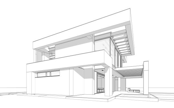istock 3d rendering of modern house in luxurious style black line on white background 1355473658