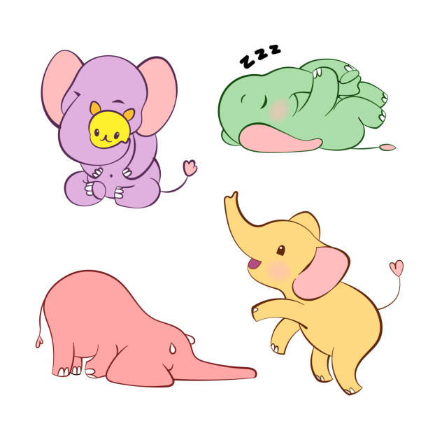 Emotional sticker set with cute elefant in different colors. Kawaii style. Cartoon emoji sticker with elephants in different moods. Vector illustration. vector art illustration