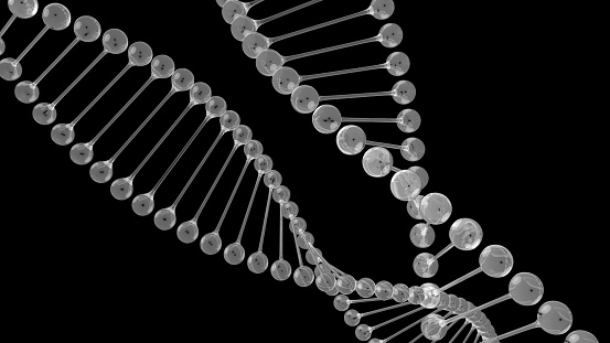 3D Glass DNA double helix models on black background. Image of DNA spirals with electron microscope view.